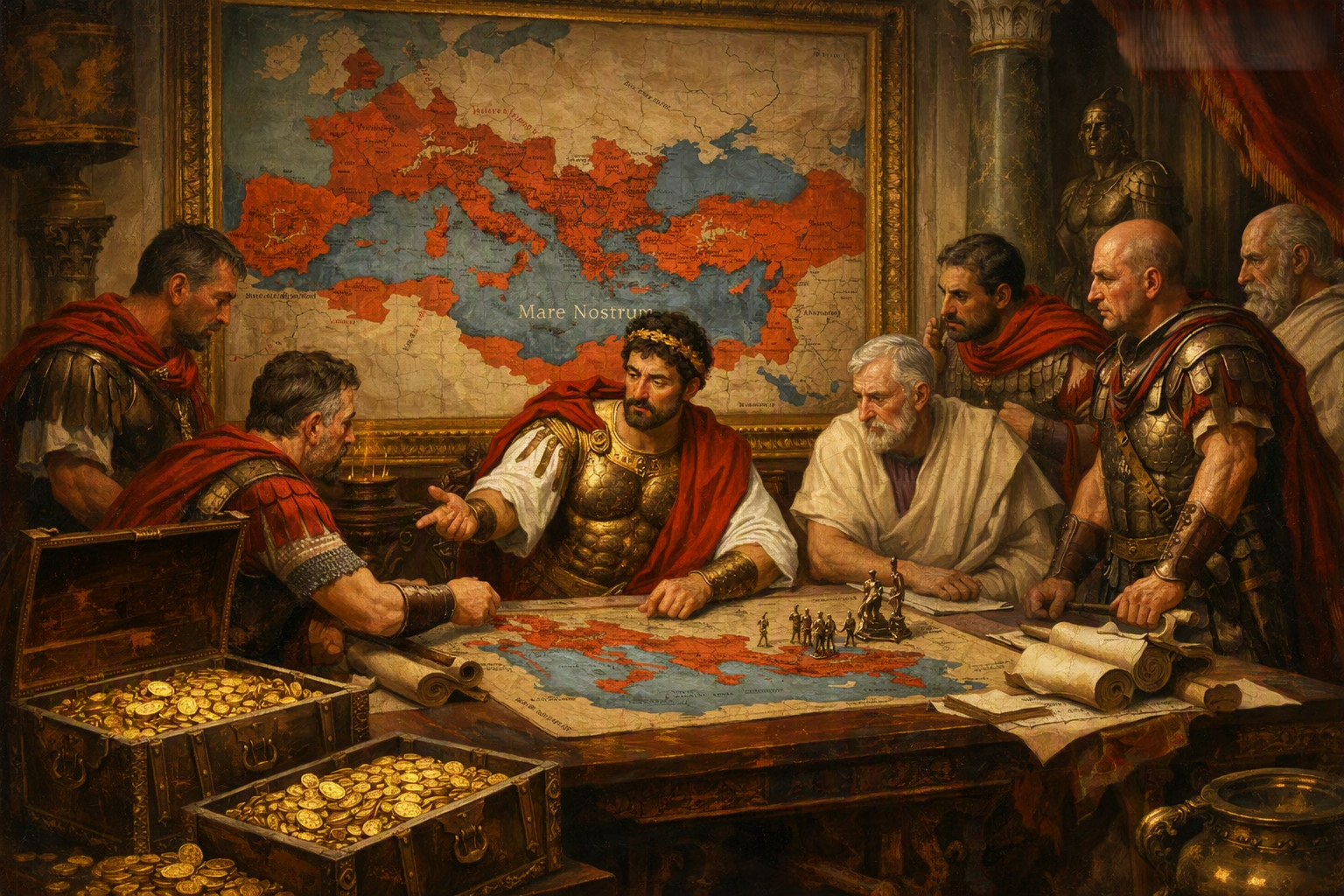 Marcus Aurelius discussing politics and war strategy in Rome